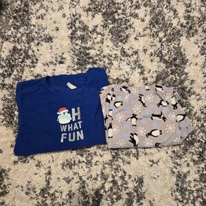 Blue Fleece "Oh What Fun" Penguin Pajama Set | Size XL | Blue & Gray
